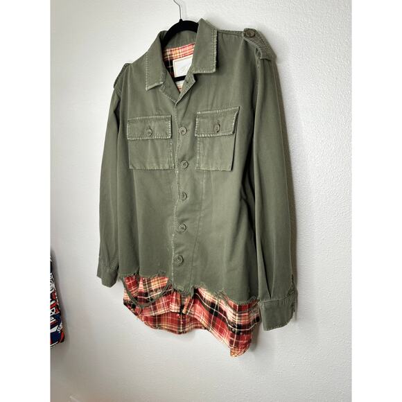 NWT Redemption Handmade Distressed Olive Military Shirt with Plaid Hem 44 / M - Picture 3 of 14